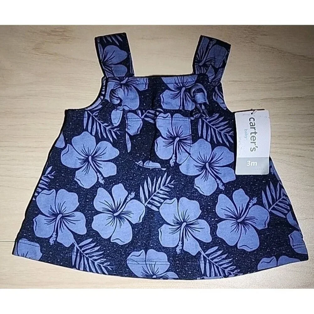 3 piece Carter's Size 6 Months Infant Girls Blue Tropical Tank Top, Short Set